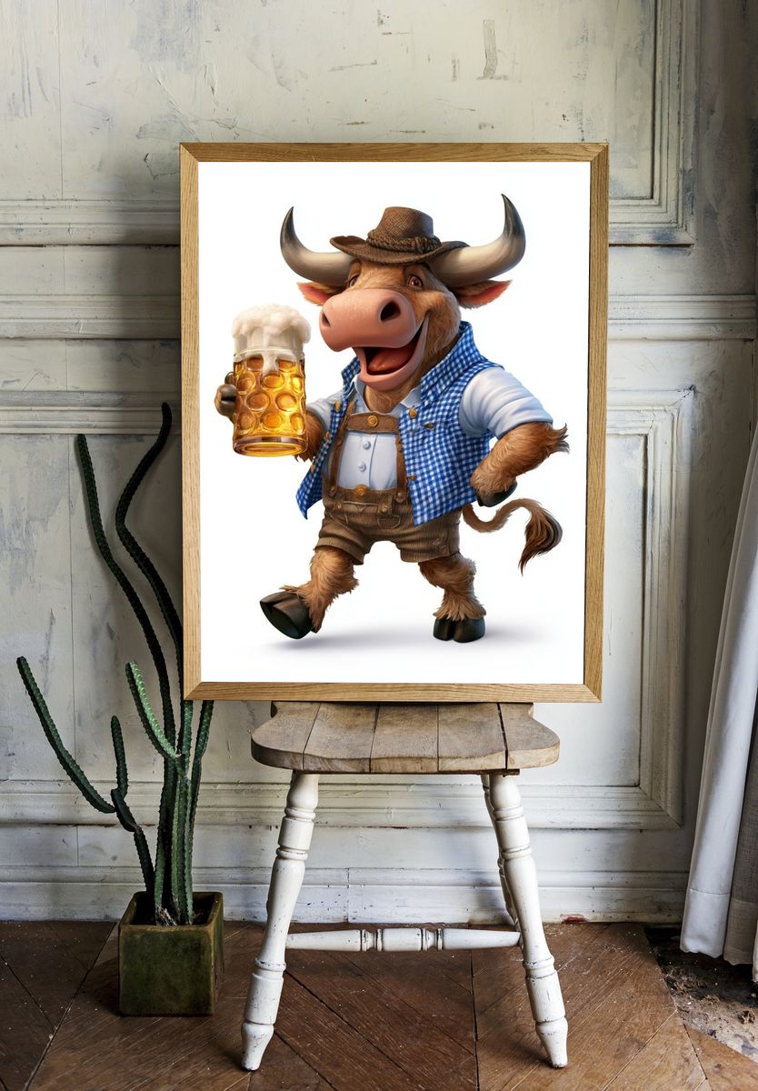 Cheerful Bull with Beer Illustration Poster. room preview