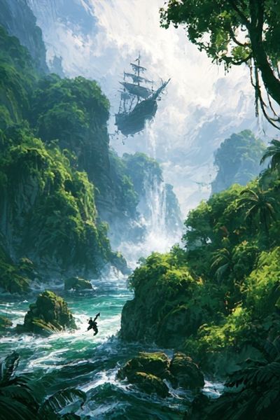 Floating Pirate Ship Jungle Print.