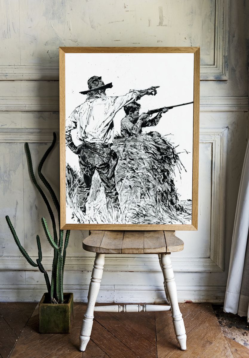 Cowboy Hunting Scene Ink Print. room preview