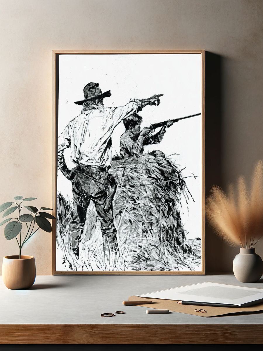 Cowboy Hunting Scene Ink Print. — room view 2