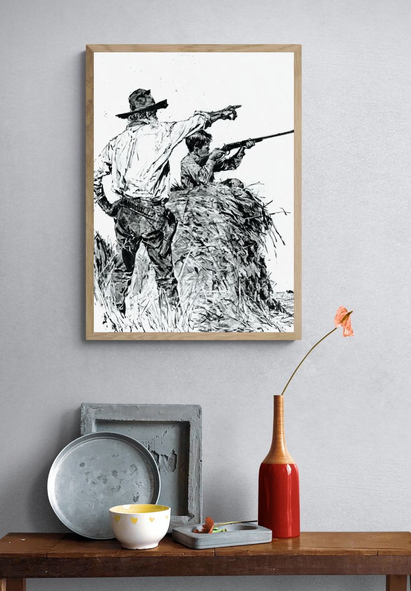 Cowboy Hunting Scene Ink Print. — room view 3