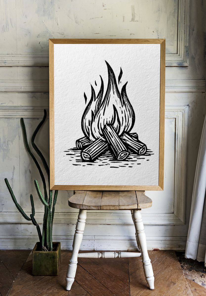 Campfire Line Art Poster. room preview