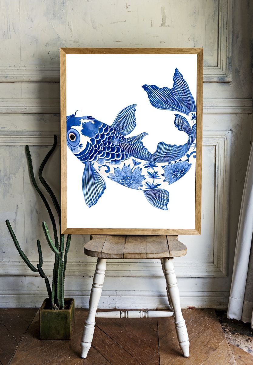 Blue Koi Fish Illustration Poster. room preview