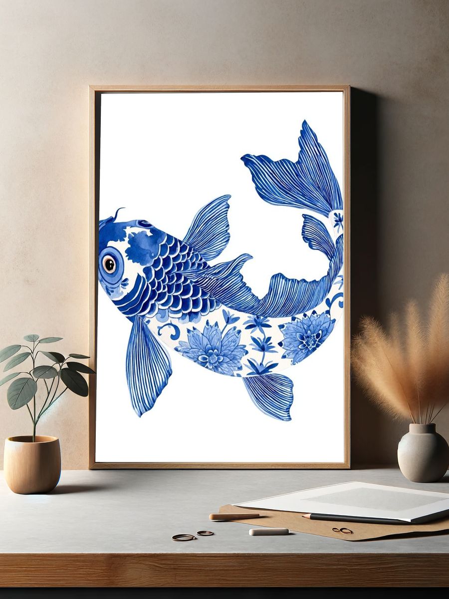 Blue Koi Fish Illustration Poster. — room view 2