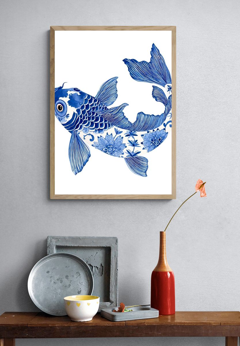 Blue Koi Fish Illustration Poster. — room view 3