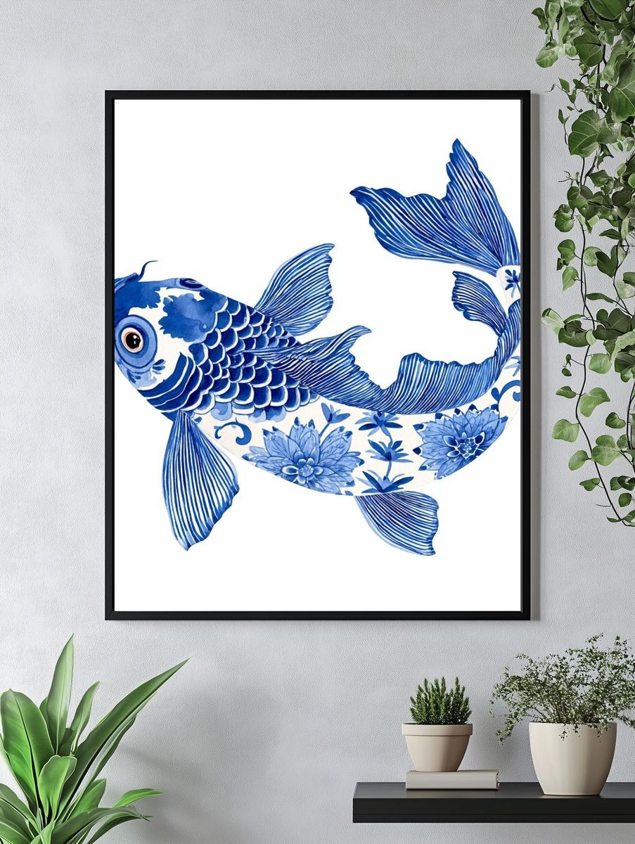 Blue Koi Fish Illustration Poster. — room view 4