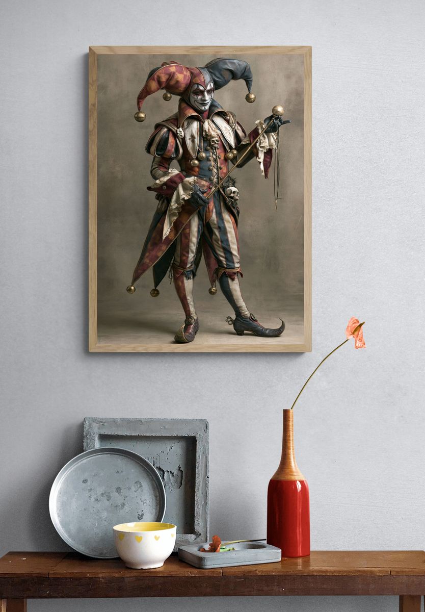 Harlequin Jester Portrait Print. — room view 3