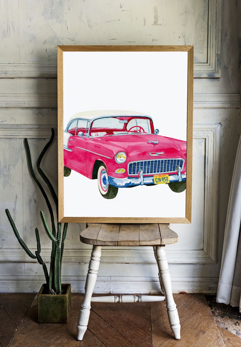 Pink Classic Car Watercolor Poster. room preview