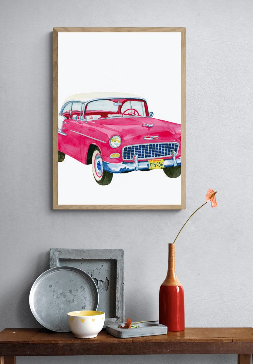 Pink Classic Car Watercolor Poster. — room view 3