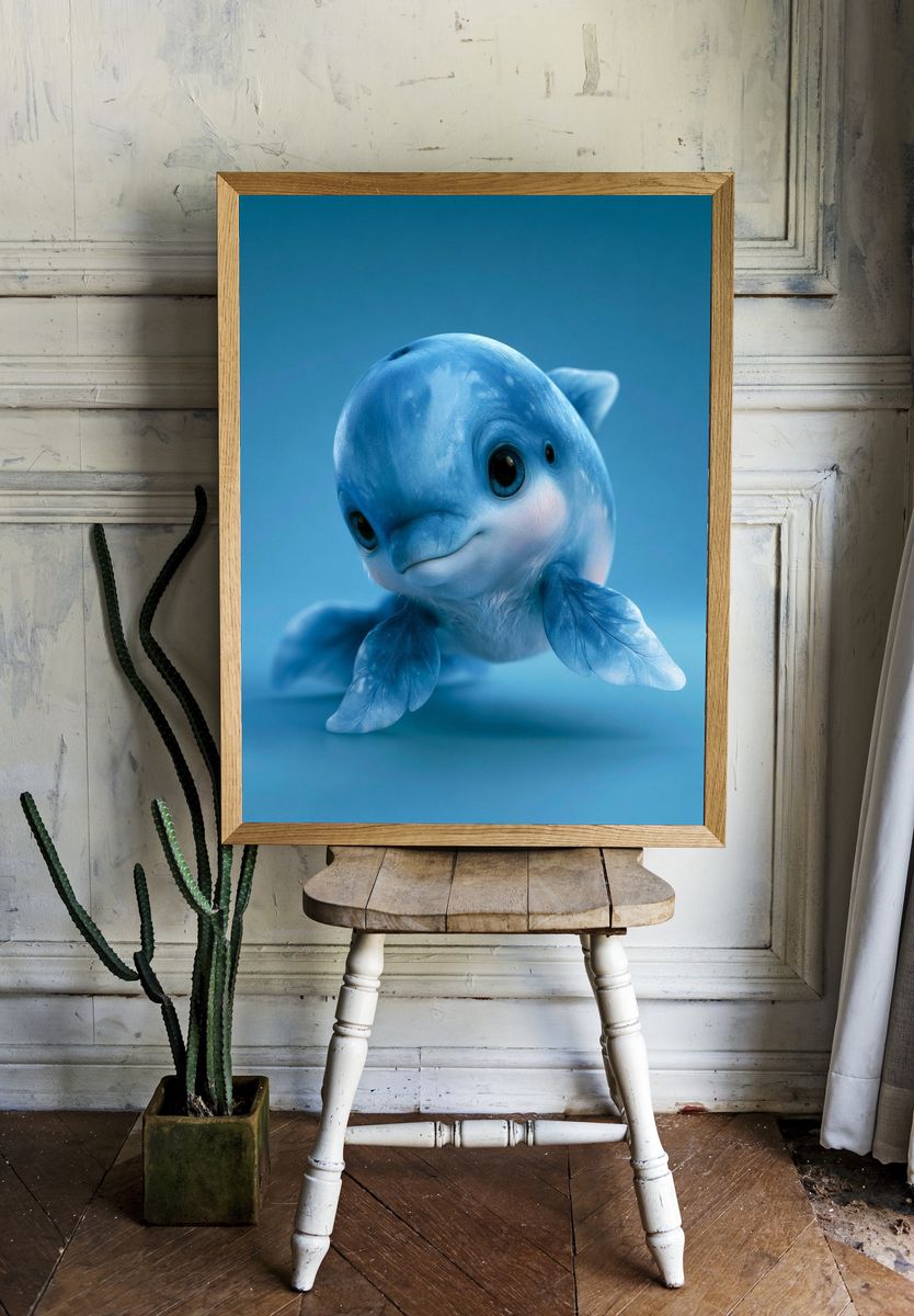 Blue Baby Dolphin Illustration Poster. — room view 1