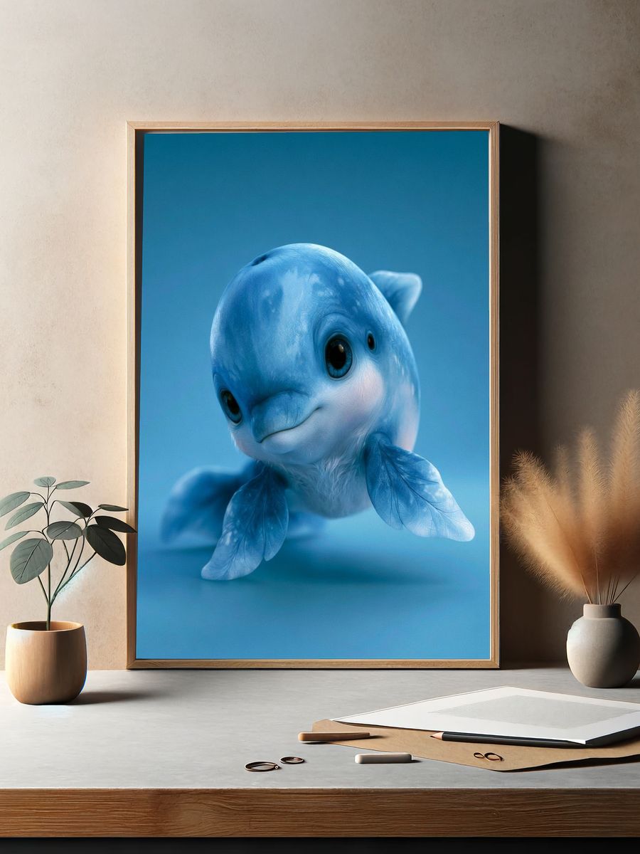 Blue Baby Dolphin Illustration Poster. — room view 2