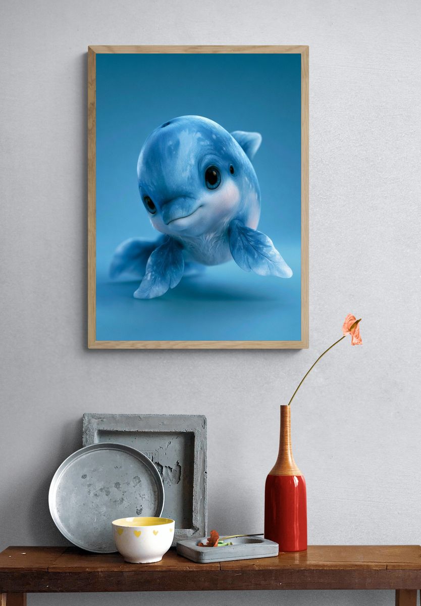 Blue Baby Dolphin Illustration Poster. — room view 3
