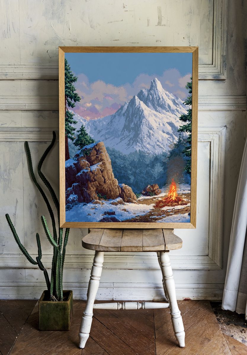 Snowy Mountain Campfire Illustration Poster. — room view 1