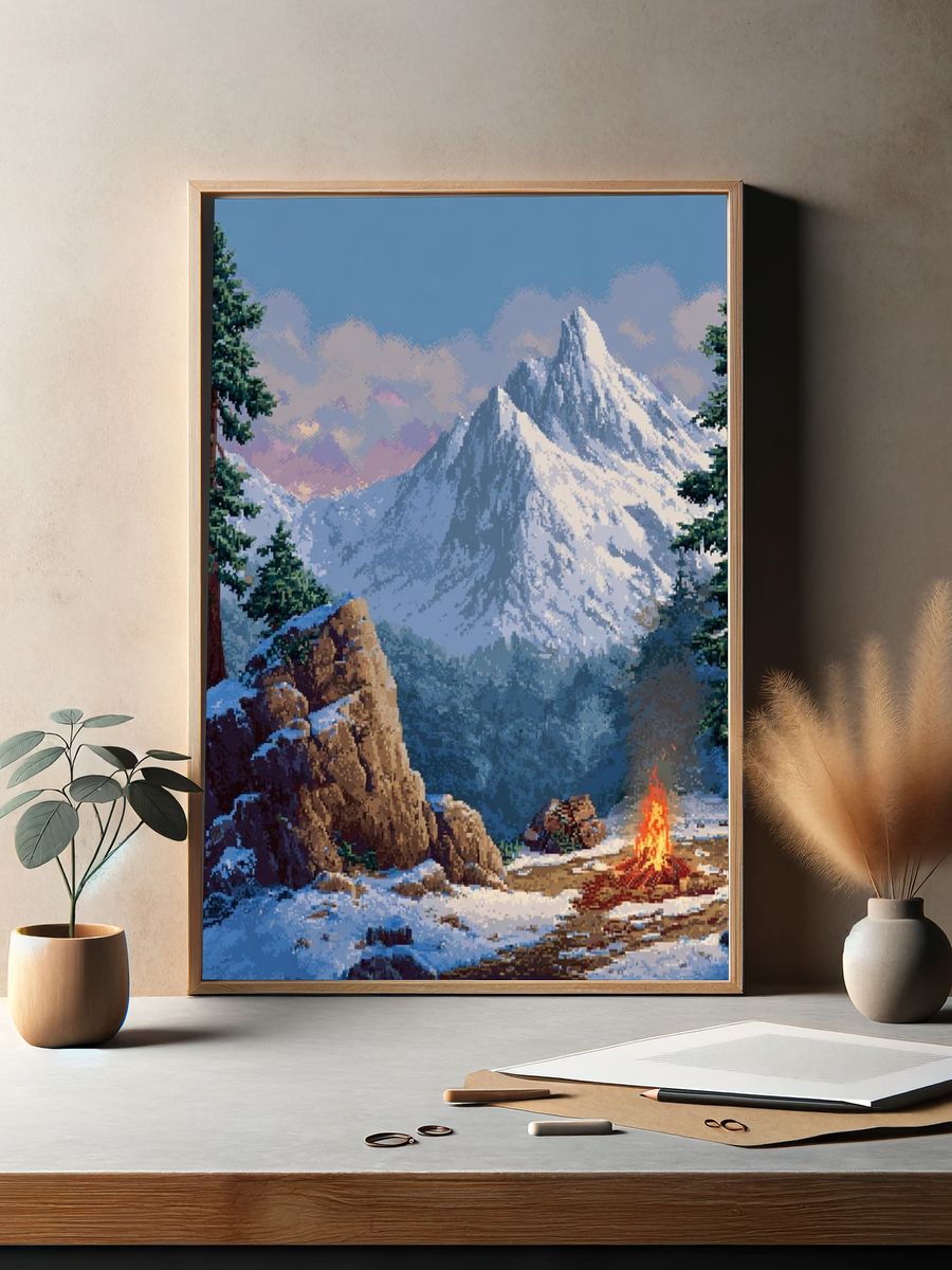 Snowy Mountain Campfire Illustration Poster. — room view 2