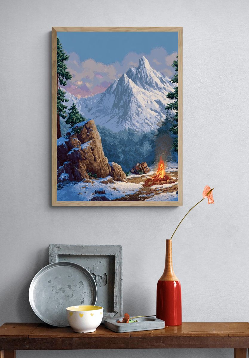 Snowy Mountain Campfire Illustration Poster. — room view 3
