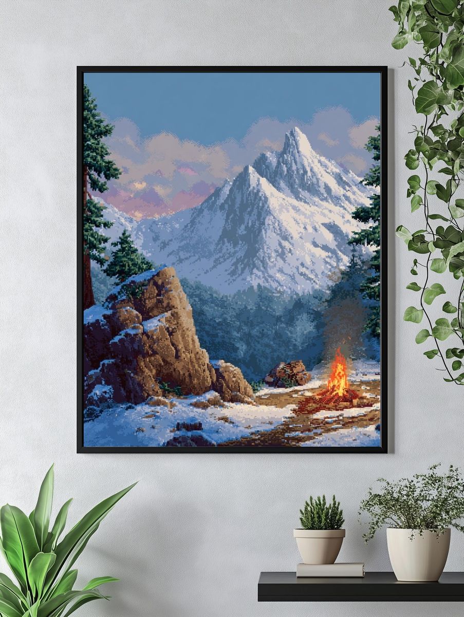 Snowy Mountain Campfire Illustration Poster. — room view 4