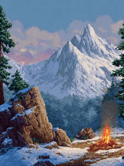 Snowy Mountain Campfire Illustration Poster. poster