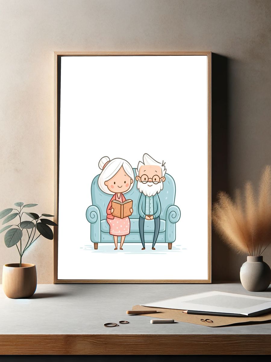 Elderly Couple Reading Illustration Poster. — room view 2