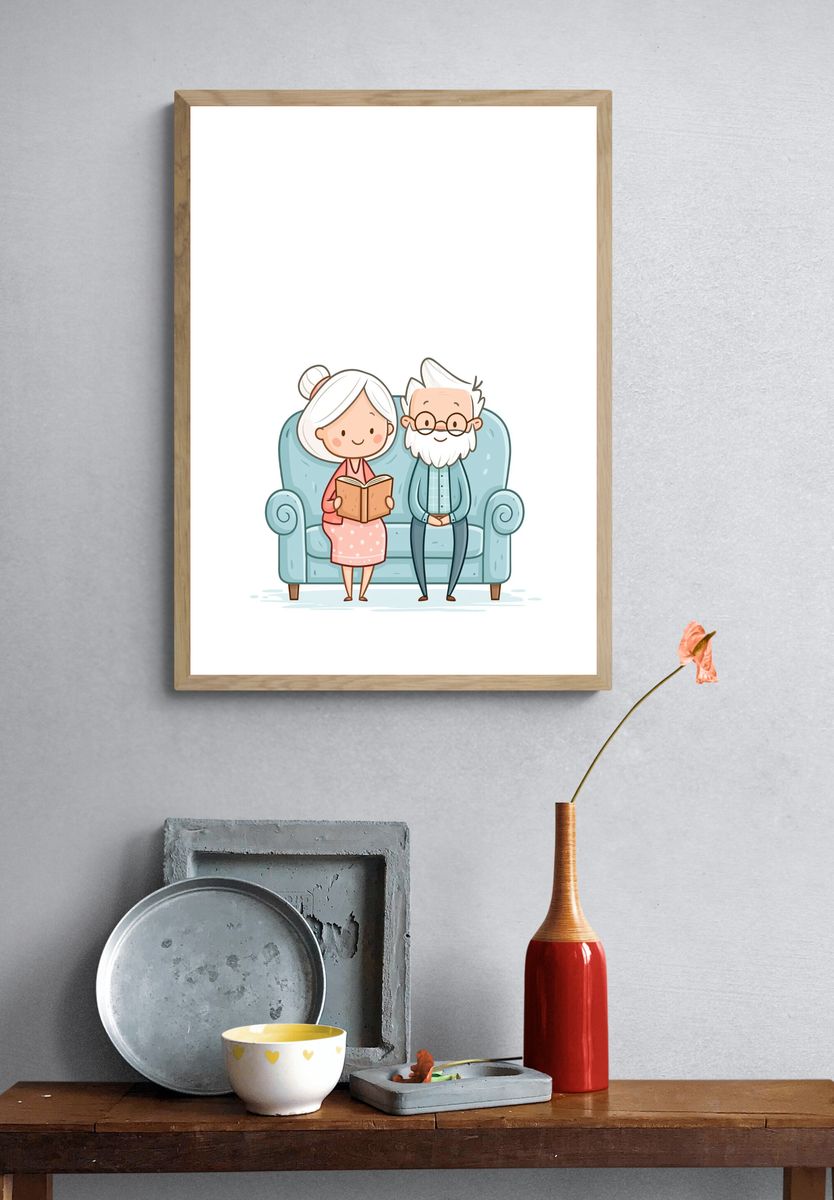 Elderly Couple Reading Illustration Poster. — room view 3