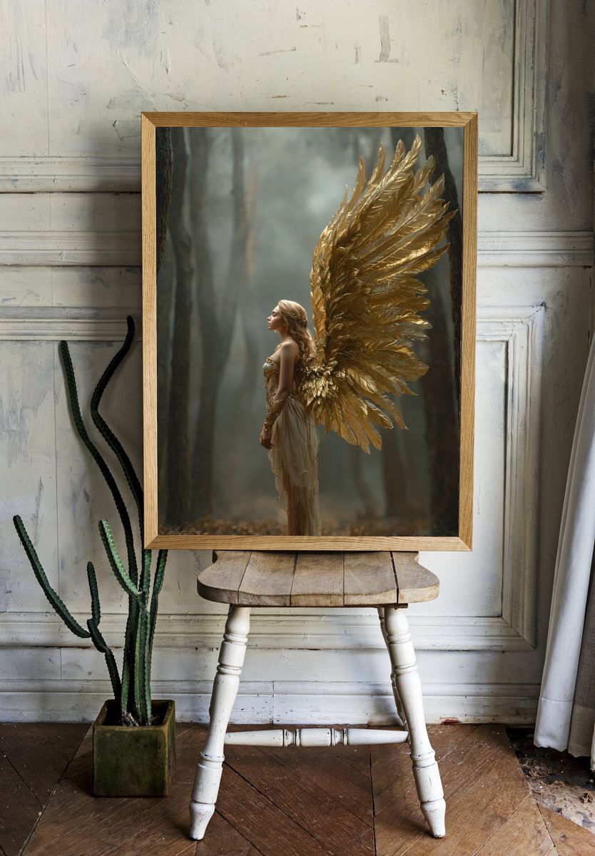 Golden Winged Forest Muse Print. room preview