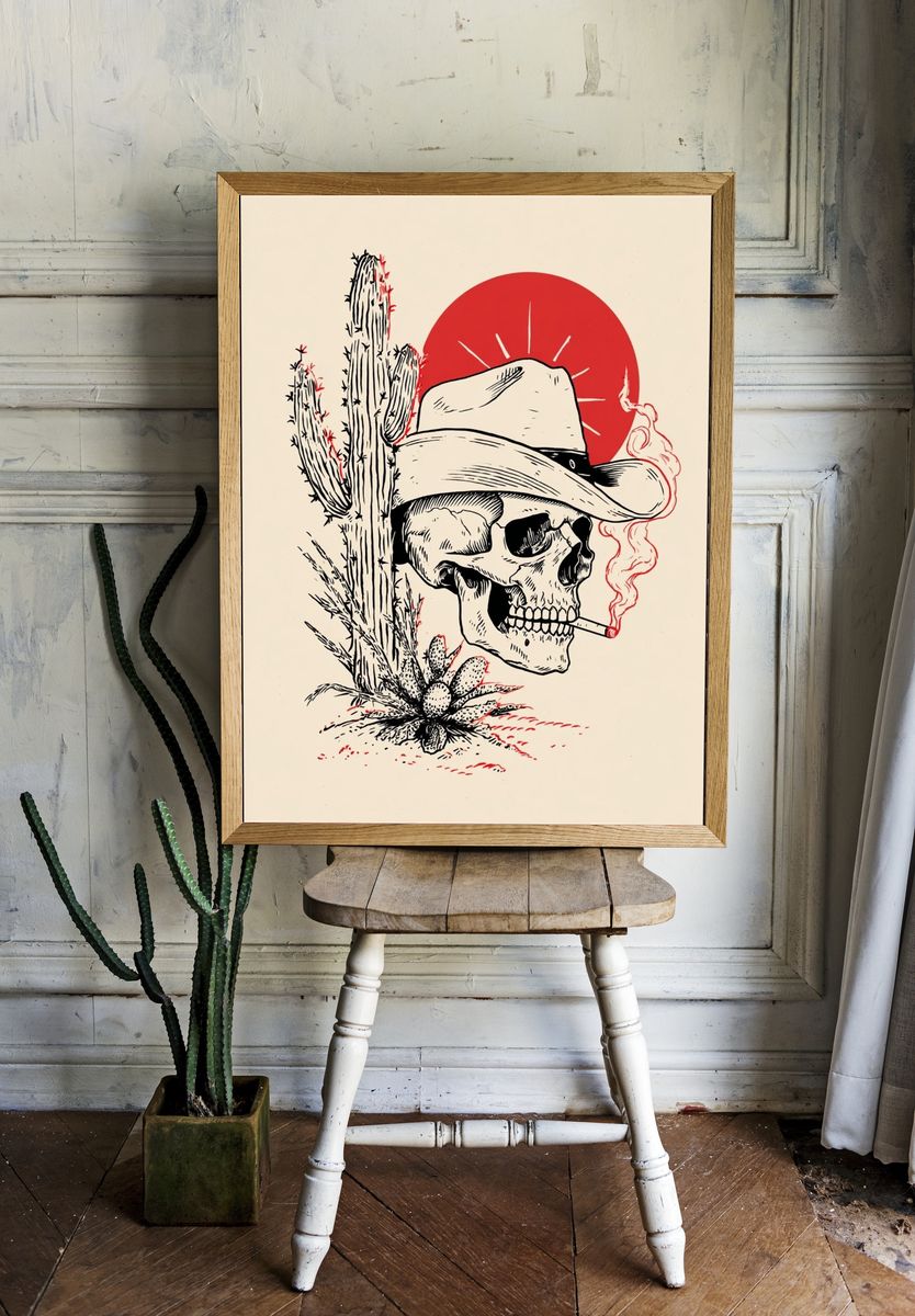 Cowboy Skull Cactus Illustration Poster. — room view 1