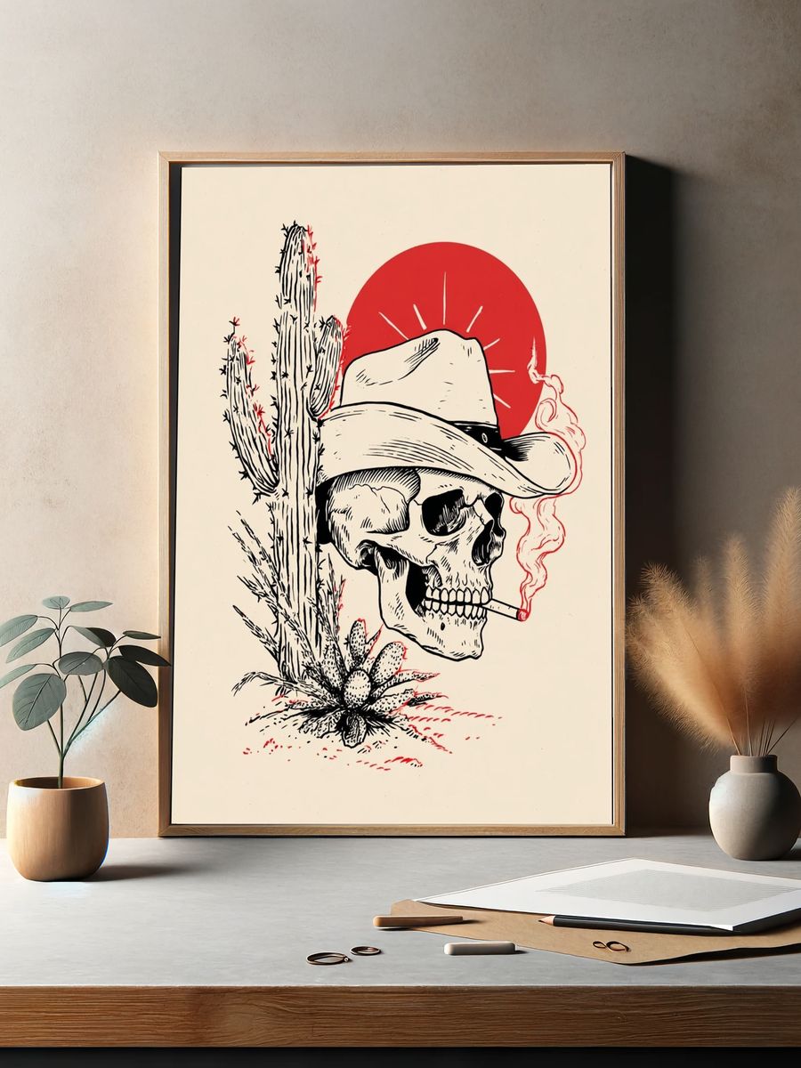 Cowboy Skull Cactus Illustration Poster. — room view 2