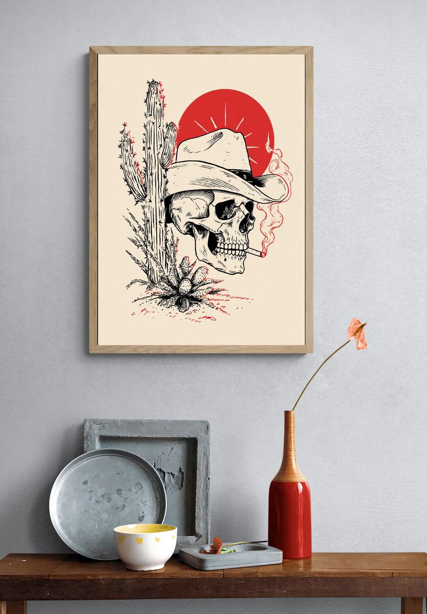 Cowboy Skull Cactus Illustration Poster. — room view 3