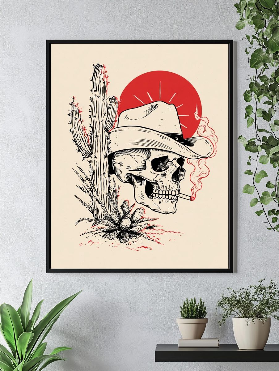 Cowboy Skull Cactus Illustration Poster. — room view 4