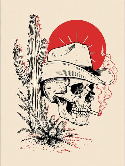 Cowboy Skull Cactus Illustration Poster. poster print