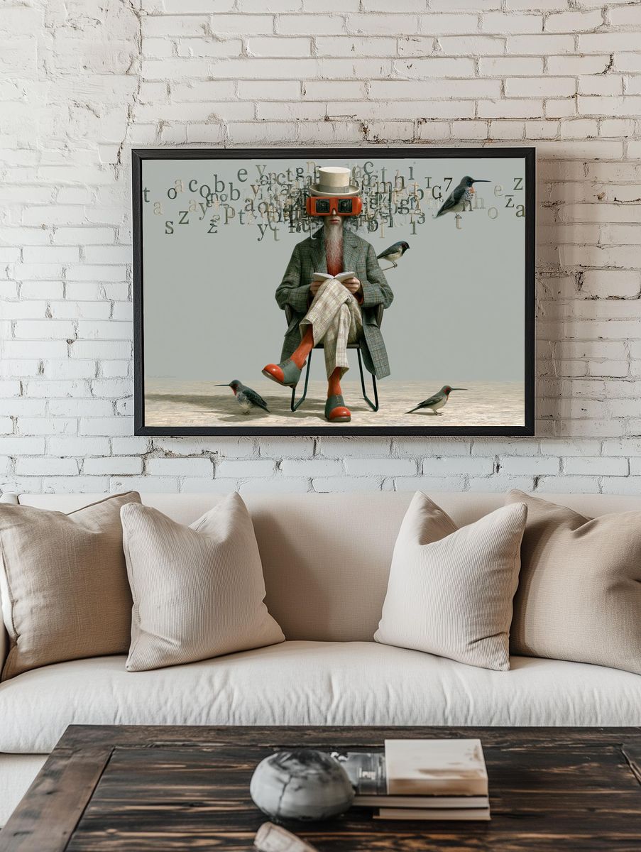Surreal Reader with Birds Illustration Poster. — room view 1