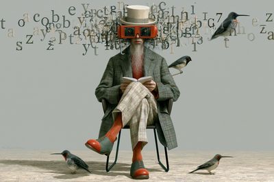 Surreal Reader with Birds Illustration Poster. poster