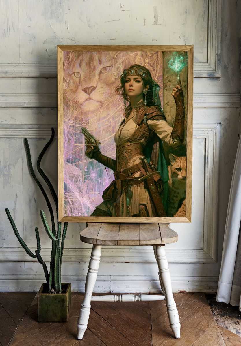 Steampunk Huntress and Lynx Print. — room view 1