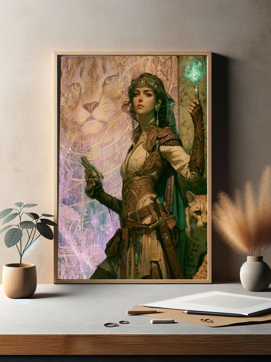 Steampunk Huntress and Lynx Print. — room view 2