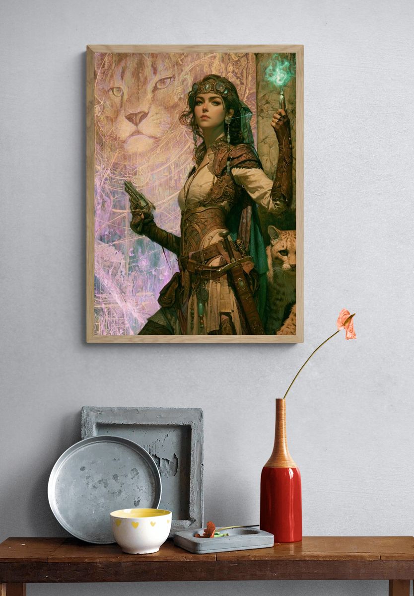 Steampunk Huntress and Lynx Print. — room view 3