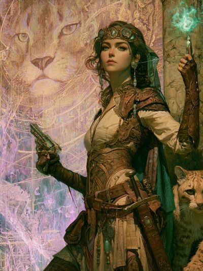 Steampunk Huntress and Lynx Print. poster