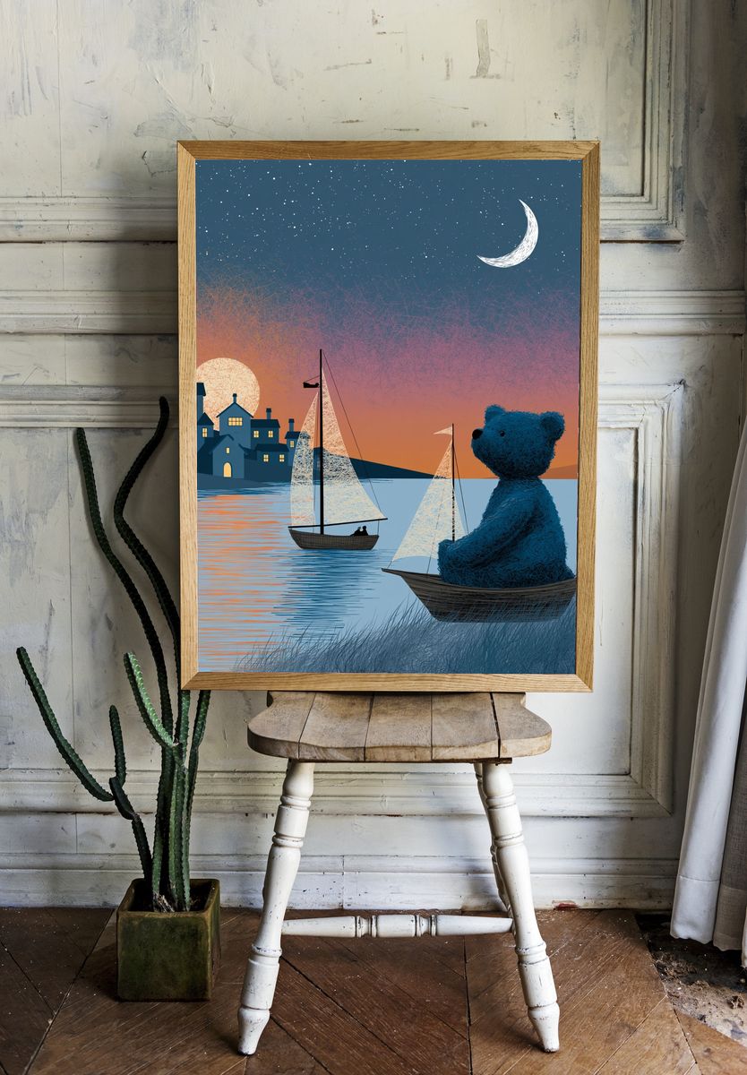Moonlit Bear Harbor Illustration Poster. — room view 1