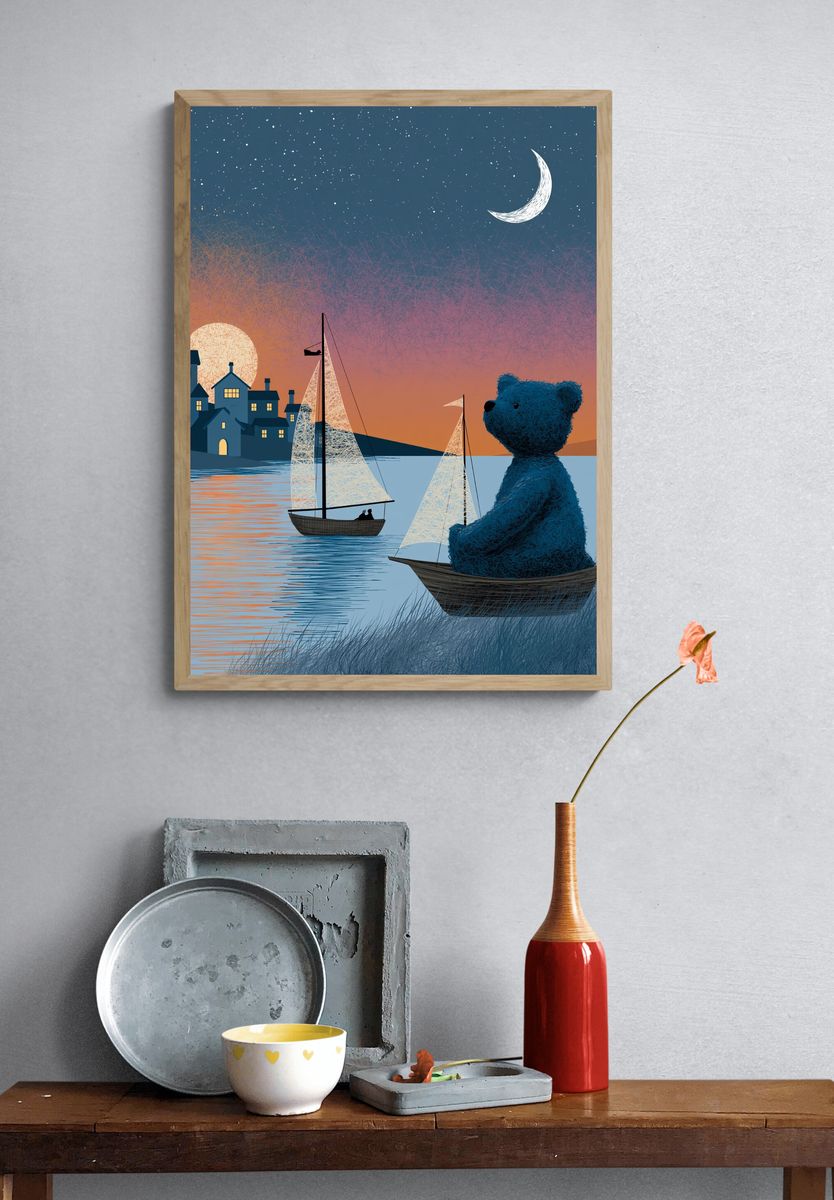 Moonlit Bear Harbor Illustration Poster. — room view 3