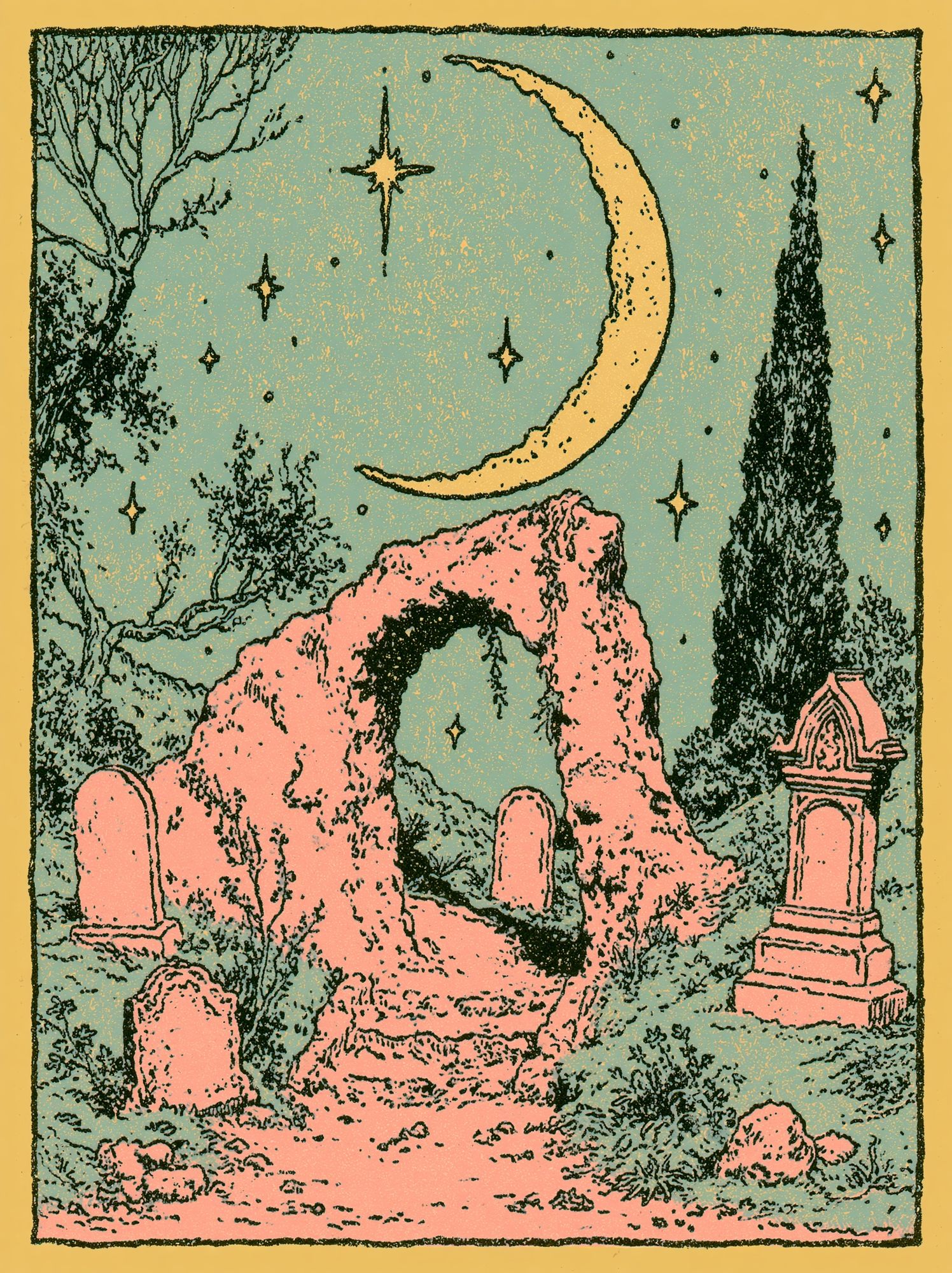 Moonlit Cemetery Illustration Poster. poster — illustration art