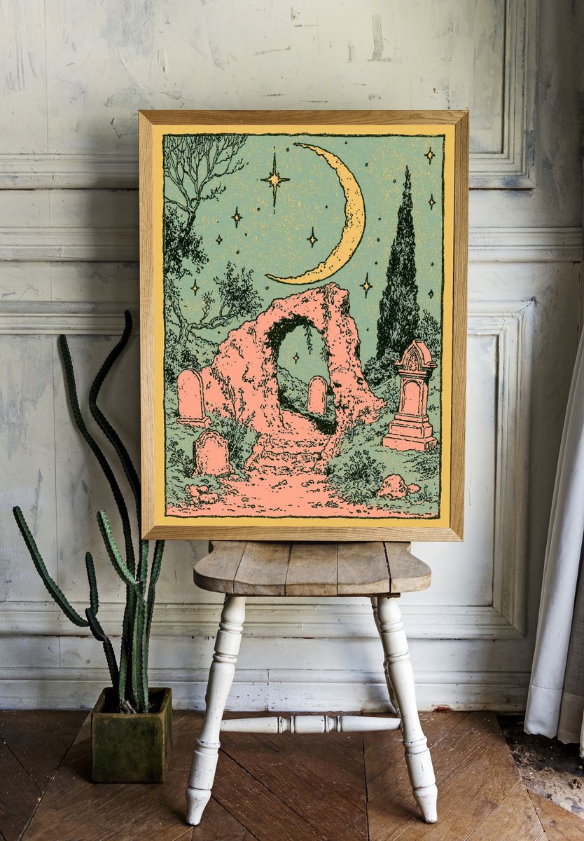 Moonlit Cemetery Illustration Poster. room preview