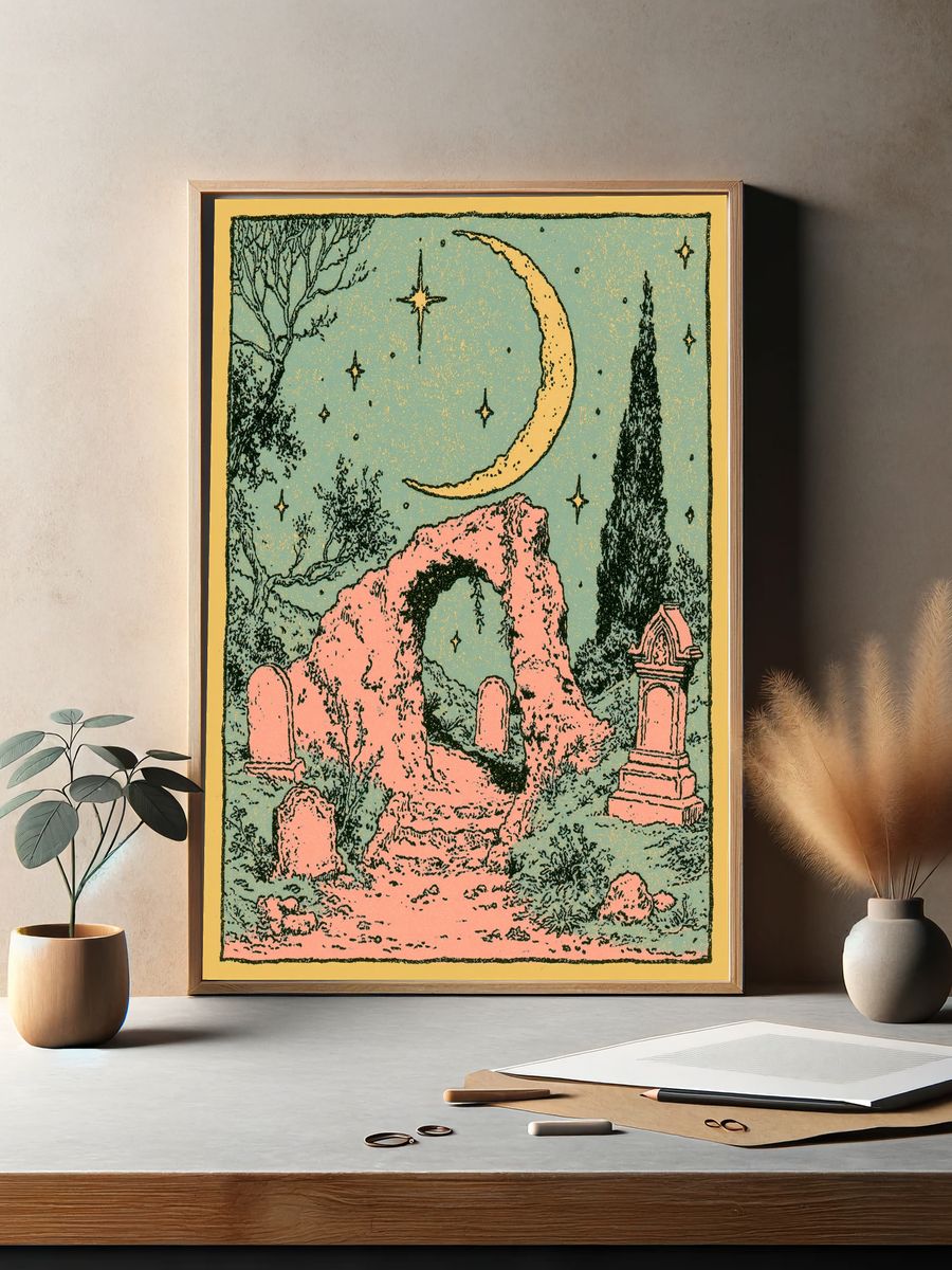 Moonlit Cemetery Illustration Poster. — room view 2