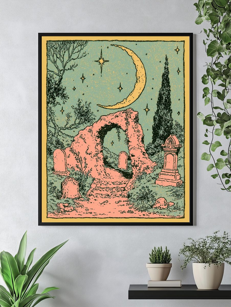 Moonlit Cemetery Illustration Poster. — room view 4
