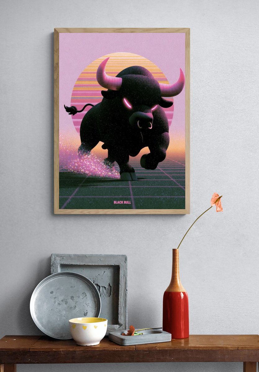 Black Bull Retro Illustration Poster. — room view 3