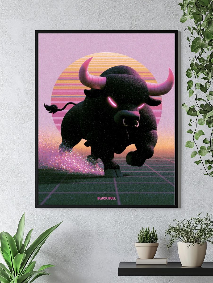 Black Bull Retro Illustration Poster. — room view 4