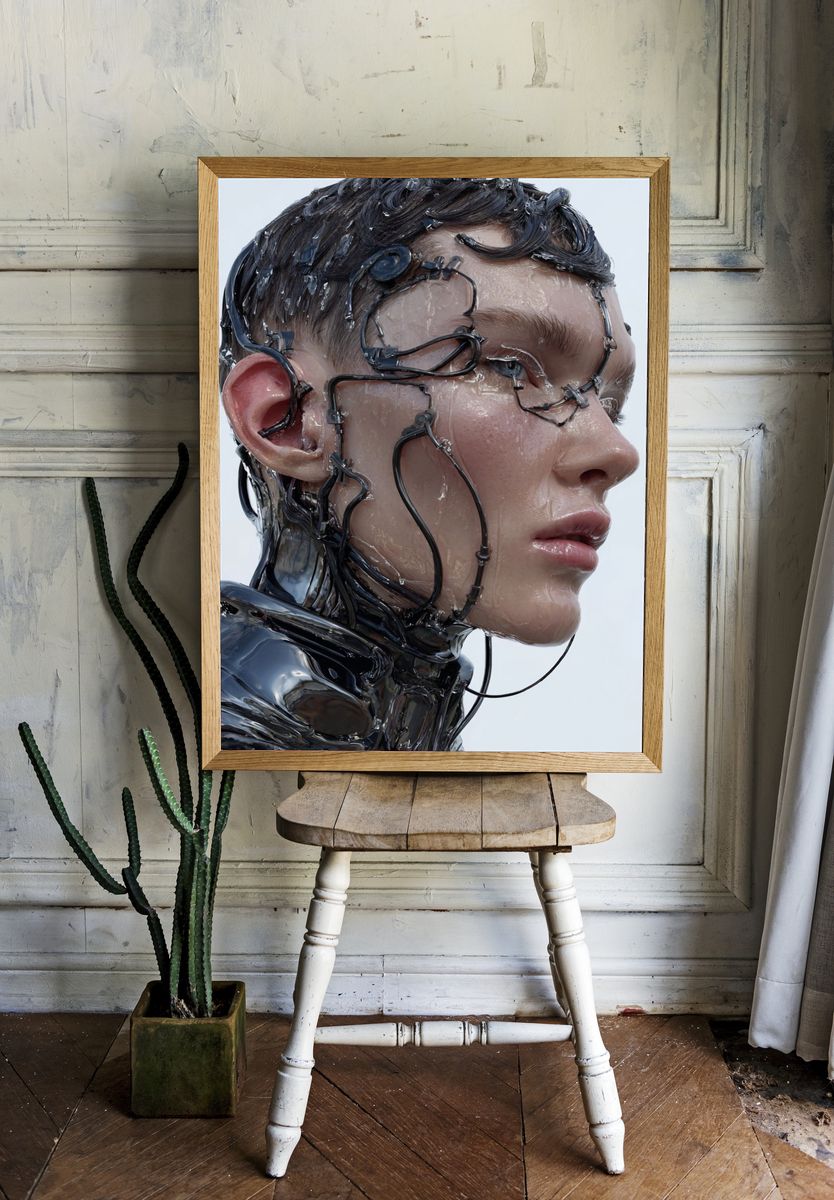Cyborg Portrait Digital Art Poster. — room view 1