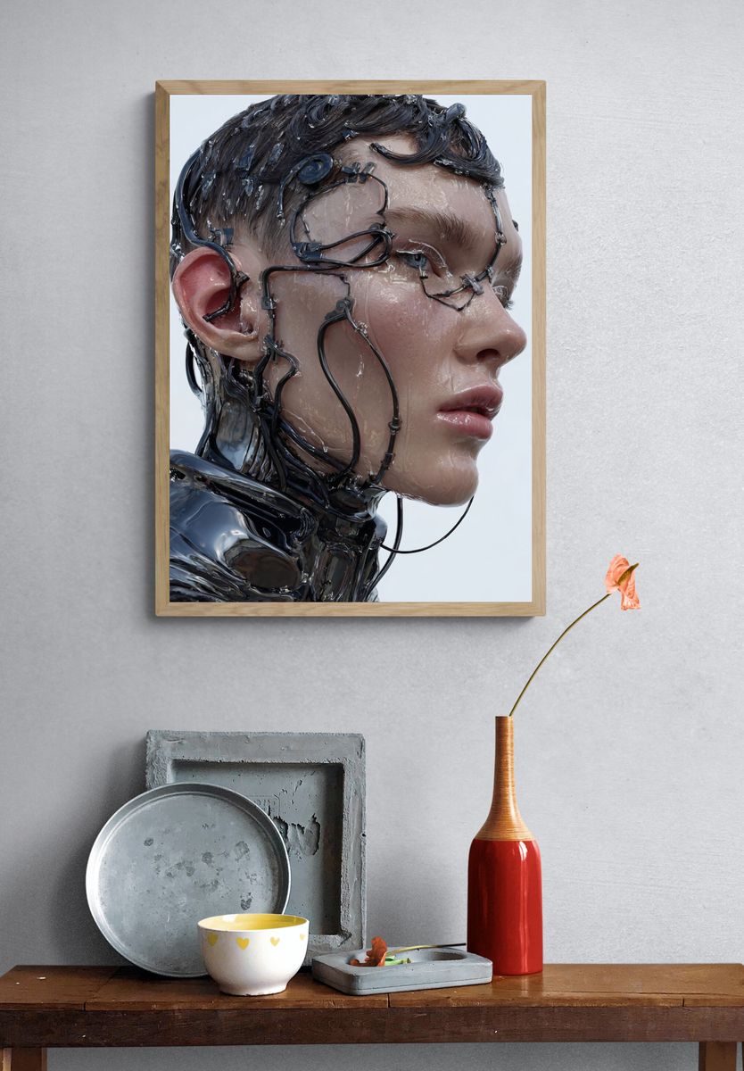 Cyborg Portrait Digital Art Poster. — room view 3