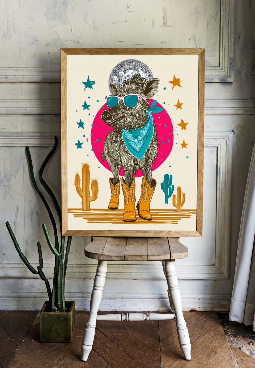 Disco Boar Western Illustration Poster. room preview