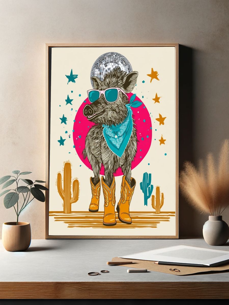 Disco Boar Western Illustration Poster. — room view 2