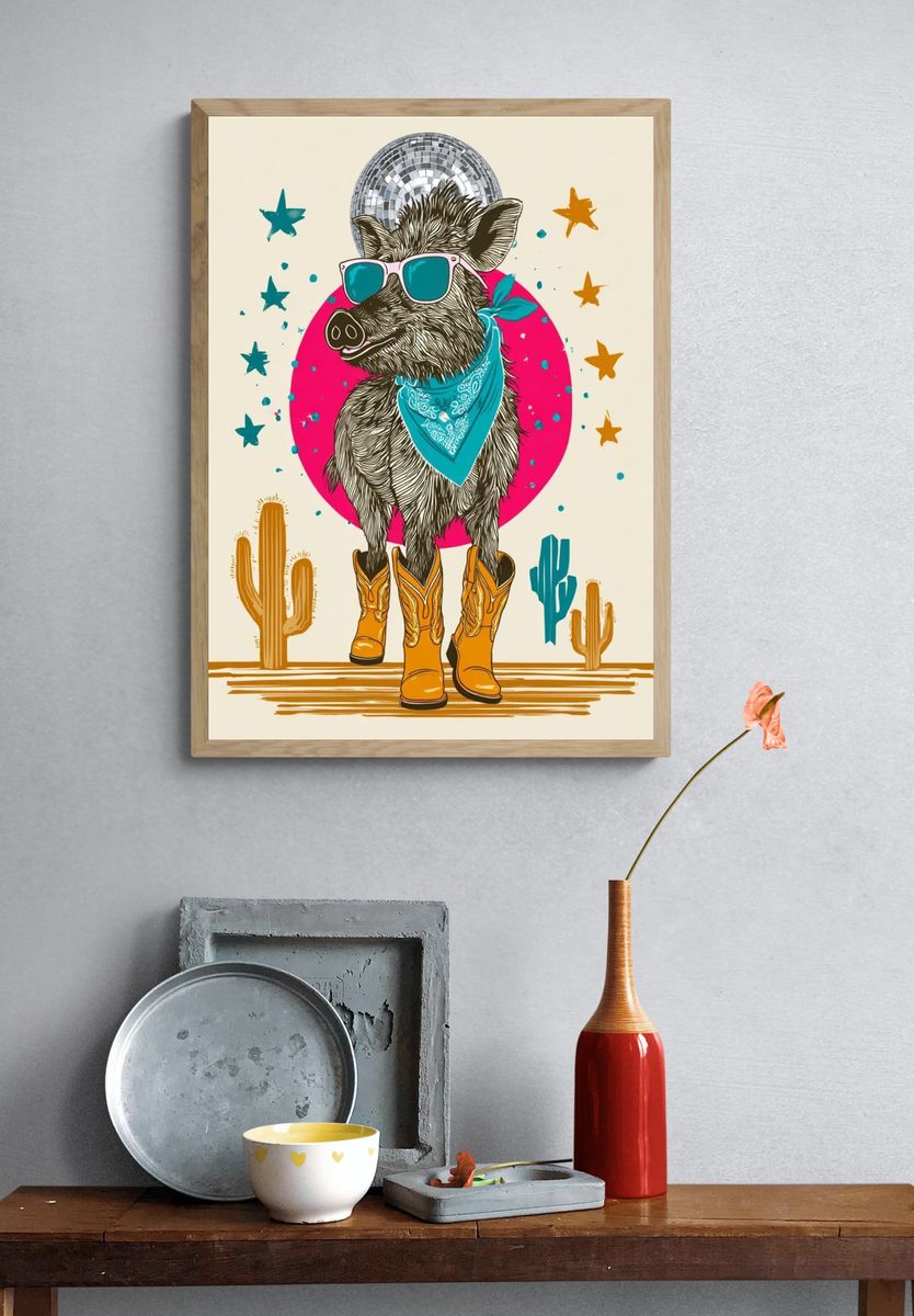 Disco Boar Western Illustration Poster. — room view 3