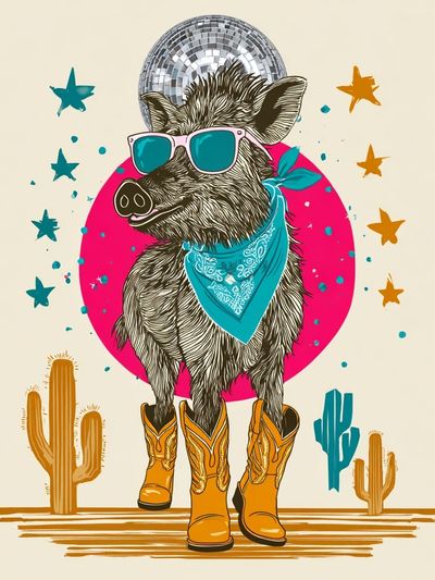 Disco Boar Western Illustration Poster.