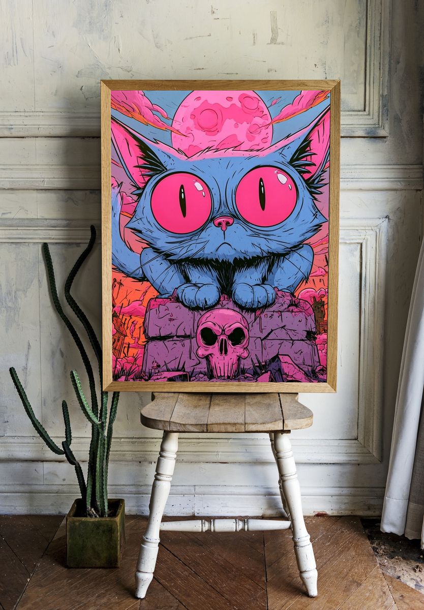 Neon Cat Skull Illustration Poster. room preview